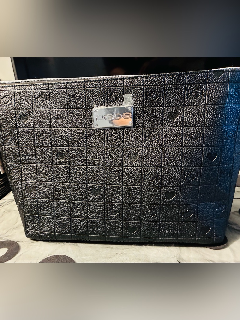 bebe Black Embossed Grid Cosmetic Pouch with Logo Plate